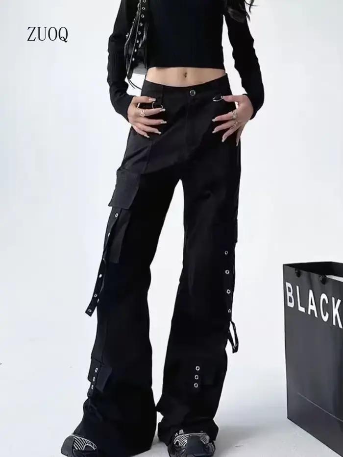 Pantalon de travail noir pour femme, pantalon à jambe droite fonctionnel, pantalon long décontracté, adt haut de gamme, printemps été nouveau 2025 haute qualité matière coton polyester styles high street sorties nocturnes occasions spéciales