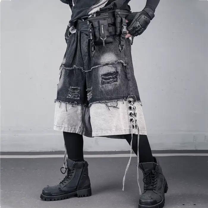 Shorts en jean vintage déchirés à bords bruts style punk pour homme