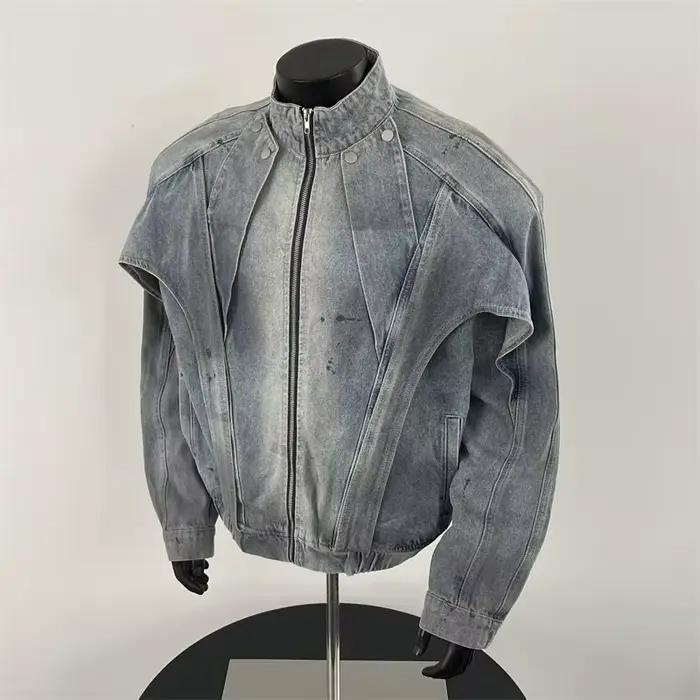 Veste en jean sale en détresse pour hommes, manteau à col montant déconstruit, ambiance américaine, vêtements de travail amples, mode de rue, printemps automne