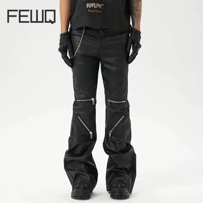 FEWQ Style américain hommes jean mince fermetures éclair Patchwork élégant chaîne couleur unie cloche-bas pantalon mâle