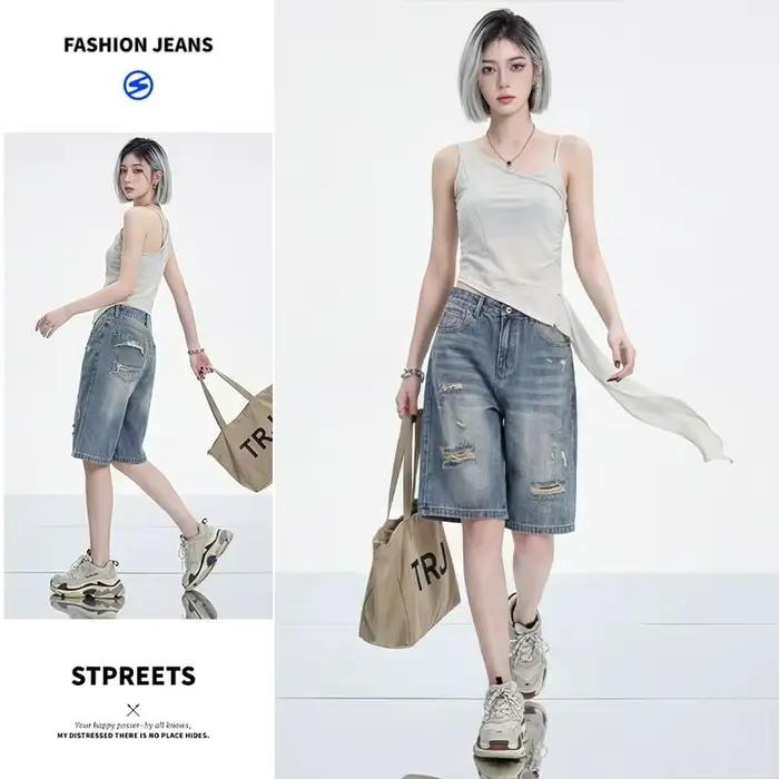 Shorts en jean vintage américain pour femme, coupe ample et large, longueur genou, taille haute, style Bermuda, Jorts baggy, streetwear Y2K pour l'été