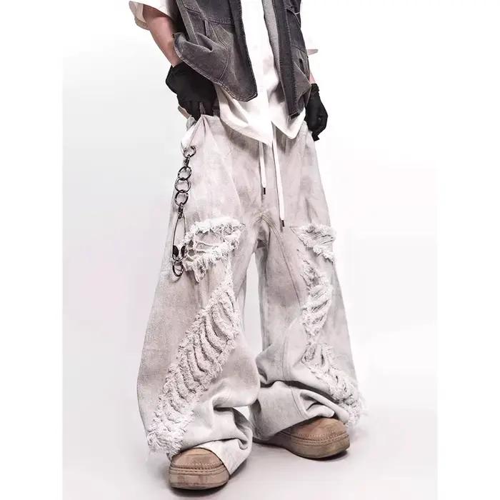 Jeans délavés vintage ample pour hommes et femmes avec trous décoratifs style hip-hop printemps automne danse occasionnels
