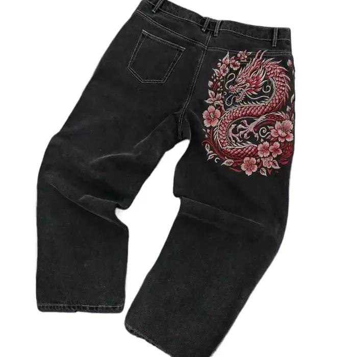 Jeans Baggy Brodés de Fleurs de Cerisier Style Hip-Hop Rétro Américain Pour Hommes Occasions Spéciales Mode Vintage Nouveau Gothique Hip-Hop Vêtements de Rue Décontractés