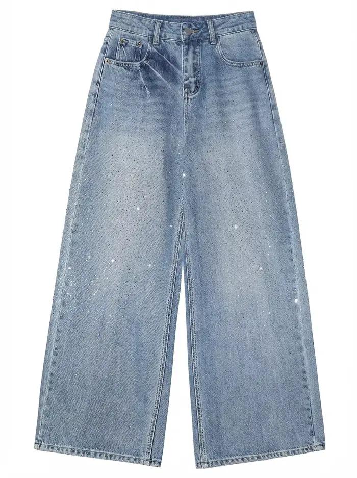 CHIC VEN Jeans Femme Tendance Bleu Coupe Ample Nouveau Design Strass Thermocollés Pantalon Droit en Denim Printemps Automne 2026