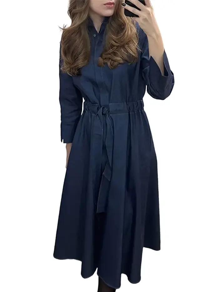 Mode Denim Robe longue pour les femmes à manches longues à lacets taille cintrée simple boutonnage
