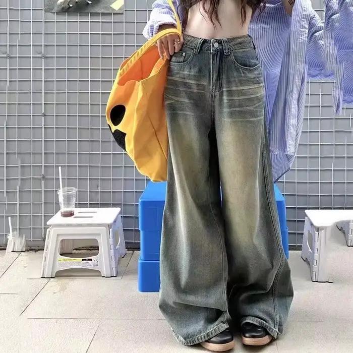 Printemps automne Vintage Chicly bouton Jean femmes américain Simple Baggy taille haute Denim pantalon lavé Y2K jambe