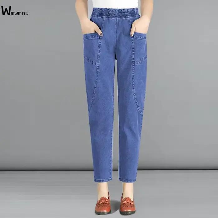Femmes grande taille 4xl décontracté Denim cheville longueur pantalon Vintage maman Baggy Vaqueros élastique taille haute printemps été sarouel