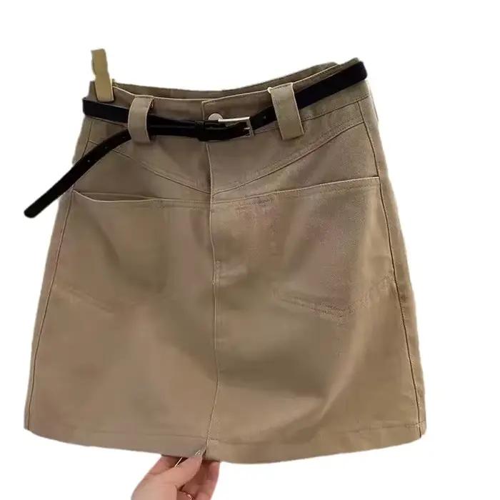 Jupe en jean kaki taille haute coupe trapèze mini pour femme