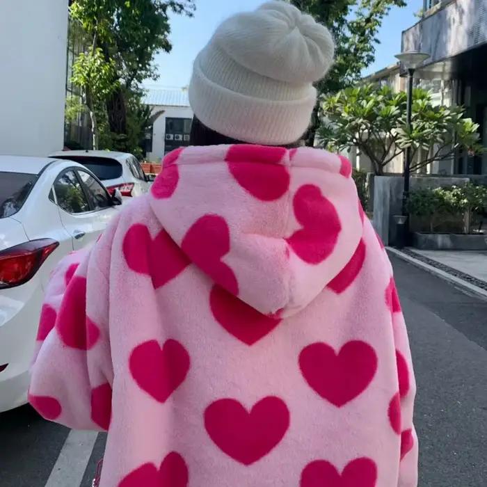 Harajuku – veste en peluche imprimée en forme de cœur pour femme