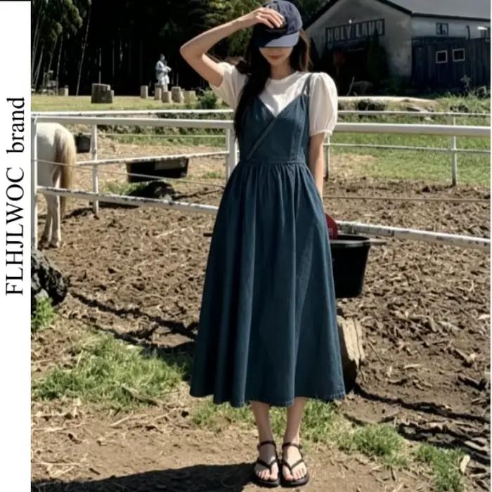 Robe longue en jean bleu pour femmes junior, style doux, sans manches, col en V, pour vacances et anniversaires