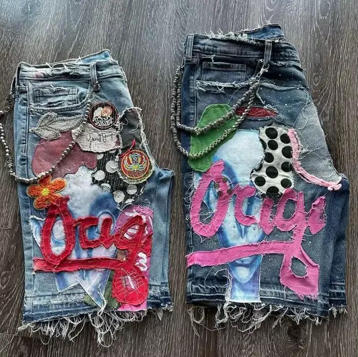 Shorts en denim rétro gothiques pour hommes et femmes