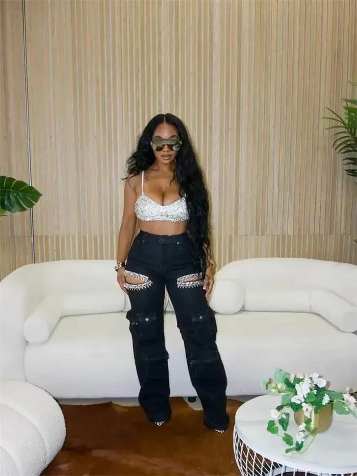 Wmstar 2024 automne Style personnalisé femmes pantalons avec gland diamant pièces taille moyenne jambe droite jean vente en gros livraison directe