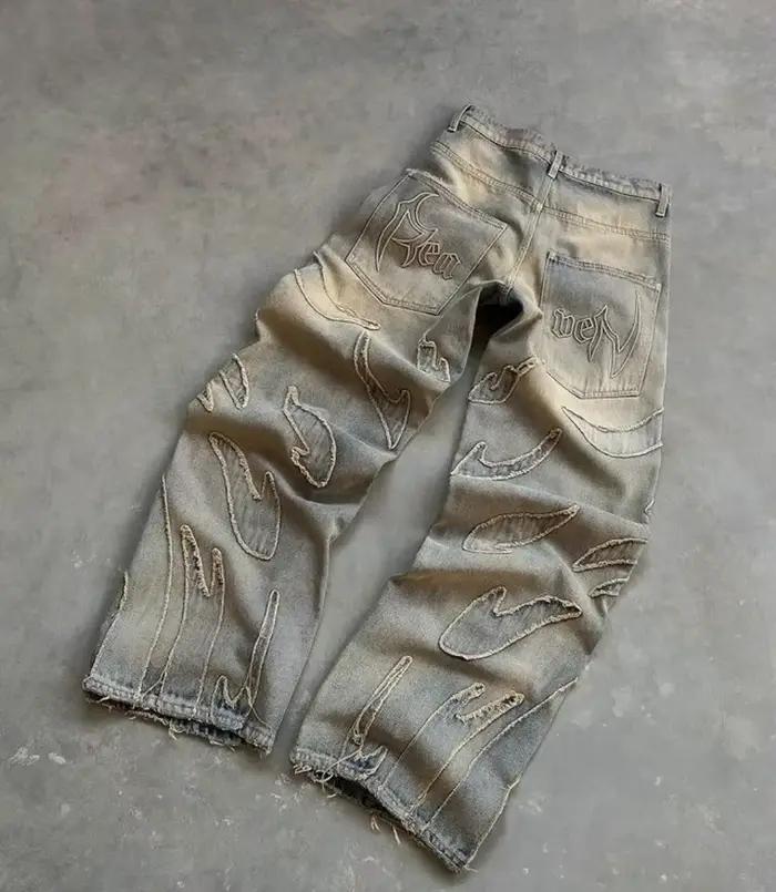 Jeans MLSJSHIQI Y2K Harajuku Retro Graphique Patch Noir Baggy Jean Jambe Large Hommes Femmes Occasions Décontractées