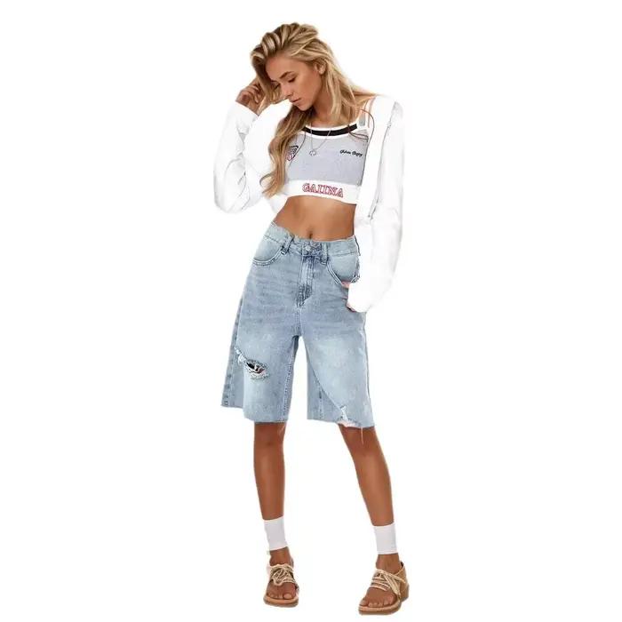 Jeans en denim délavé taille haute vintage pour femme coupe ample style américain rétro à bords effilochés pour l'été occassions spéciales