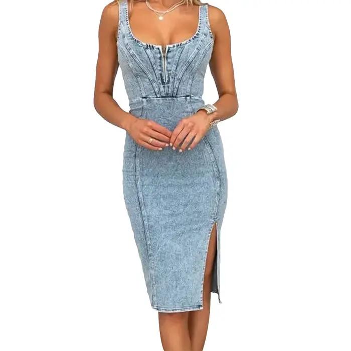 Robe en jean à bretelles spaghetti pour femmes, longueur aux genoux, vintage, éducative