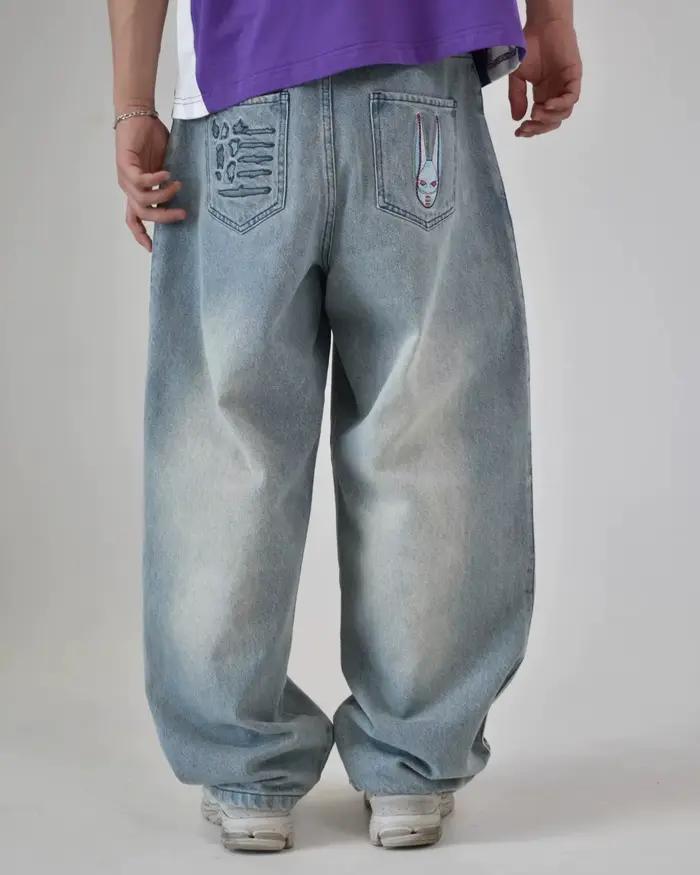 Jean ample taille haute Y2K rose pour femme avec broderie cœur latérale