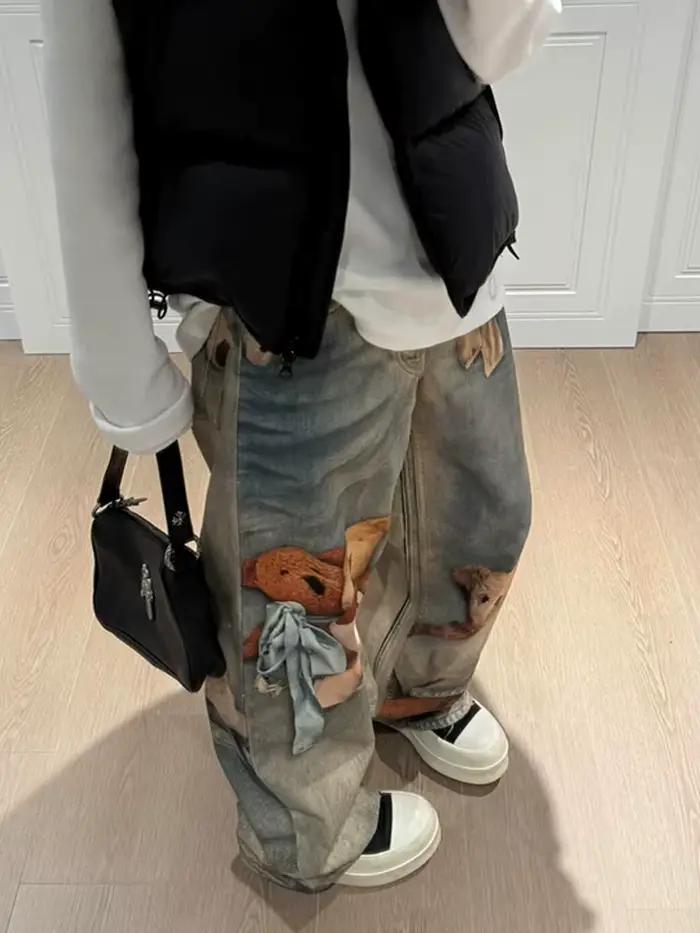 Pantalon Large à Jambe Droite Imprimé Little Bear Vintage Y2K Pour Femmes Occasions Printemps Automne