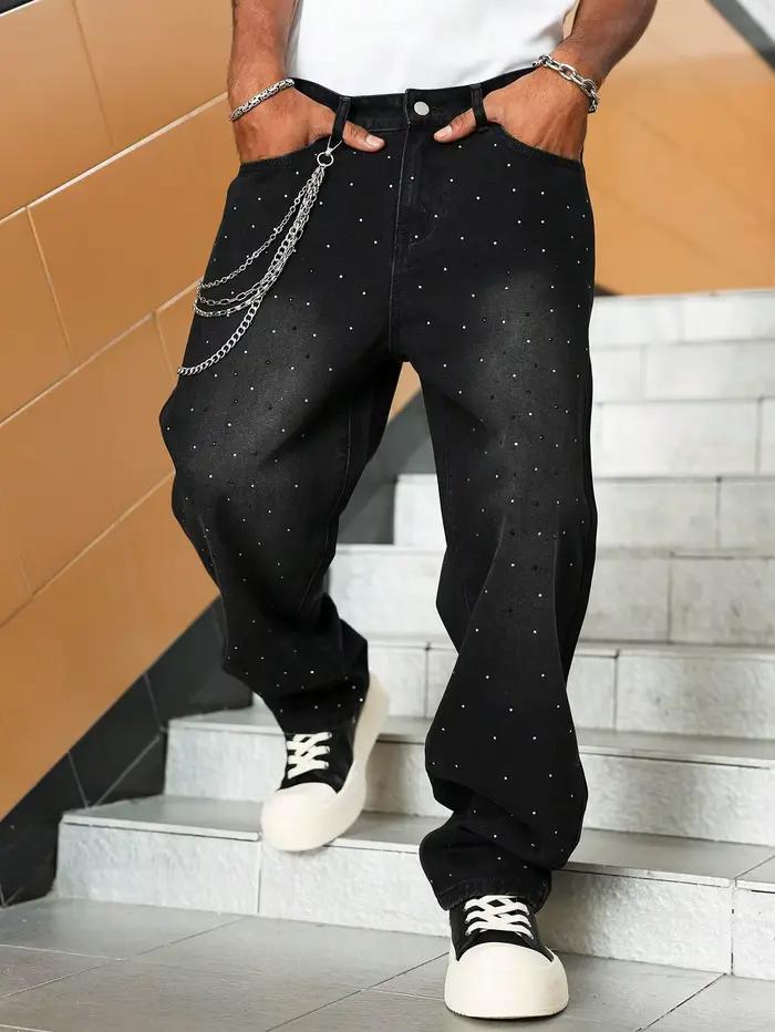 Pantalon large en denim noir pour homme avec strass