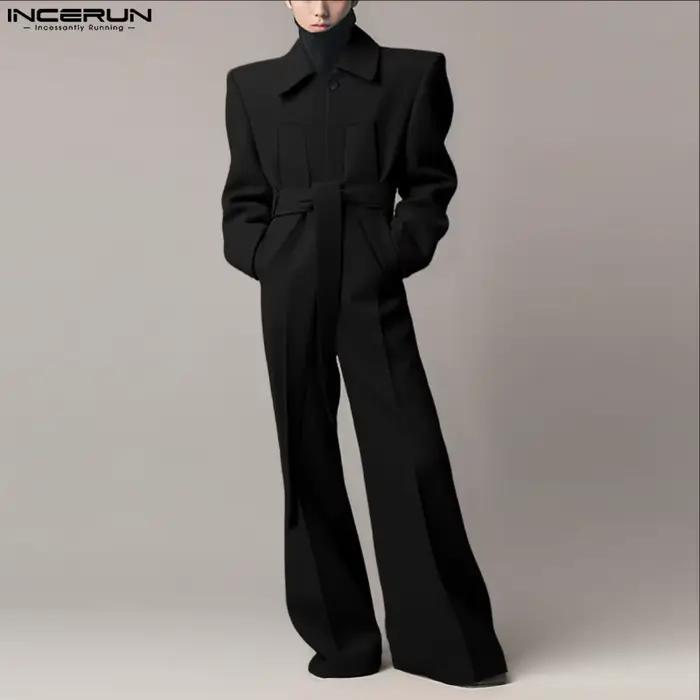 INCERUN hommes salopette couleur unie revers à manches longues décontracté jambe large combinaisons ample Streetwear 2025 mode mâle barboteuses S-5XL