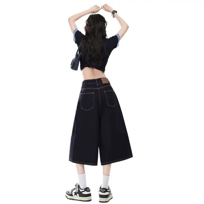 Jean en denim rétro américain taille haute coupe droite drapé pour femme