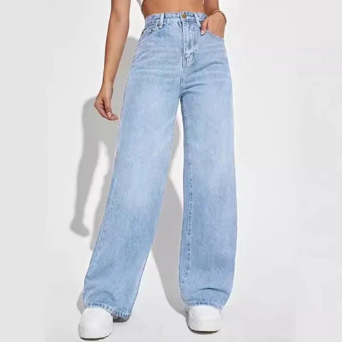 Lucyever-Pantalon en denim délavé bleu clair pour femme