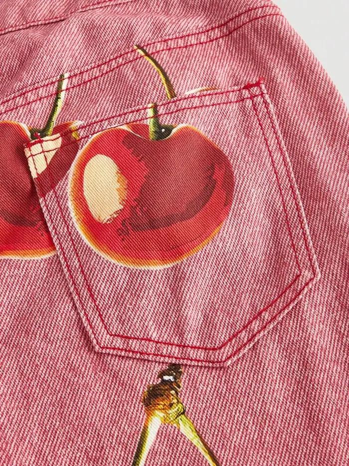 Jean imprimé cerises large taille haute coupe ample pour femmes toutes saisons