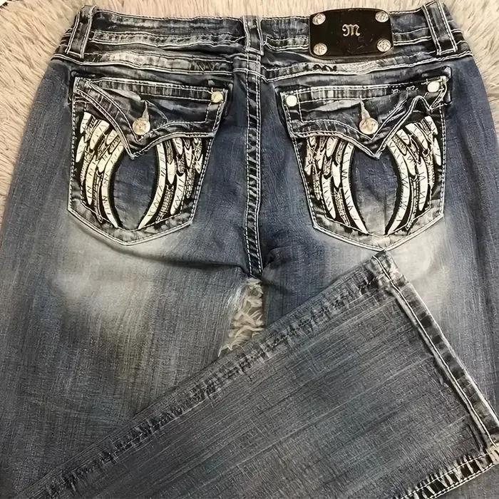 Jean Vintage des années 90 pour femme Y2K, Bleu, Style Décontracté, Broderie à Oreilles, Coupe Botte, Matériau Polyester, Occasions Spéciales