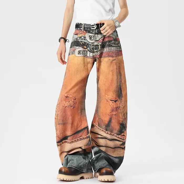 LUZHEN Original motif personnalisé imprimé jean ample décontracté hommes 2025 nouveau Streetwear jambe large pantalon en Denim droit JY3071