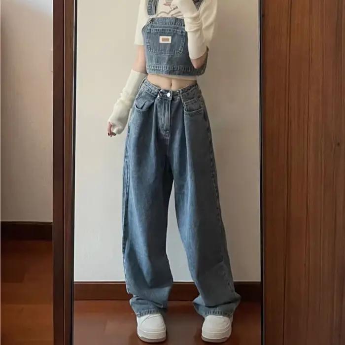 Jeans baggy taille haute en denim vintage pour femmes