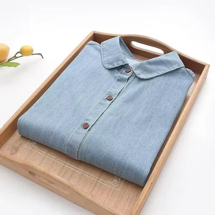 Chemisier en denim bleu uni pour femmes style japonais décontracté printemps automne occassions variées