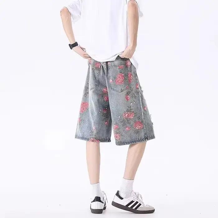 Shorts en jean déchirés et délavés style streetwear américain pour homme