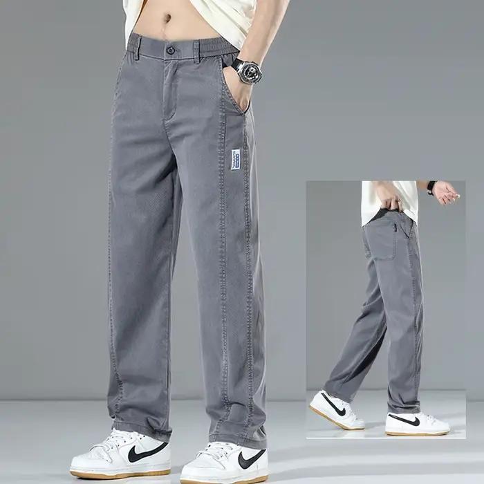Summer Thin Men's Loose Straight Jeans Lyocell Soft Drape Business Casual Trousers Classic Smoke Gray Brand Ice Silk Denim Pants
