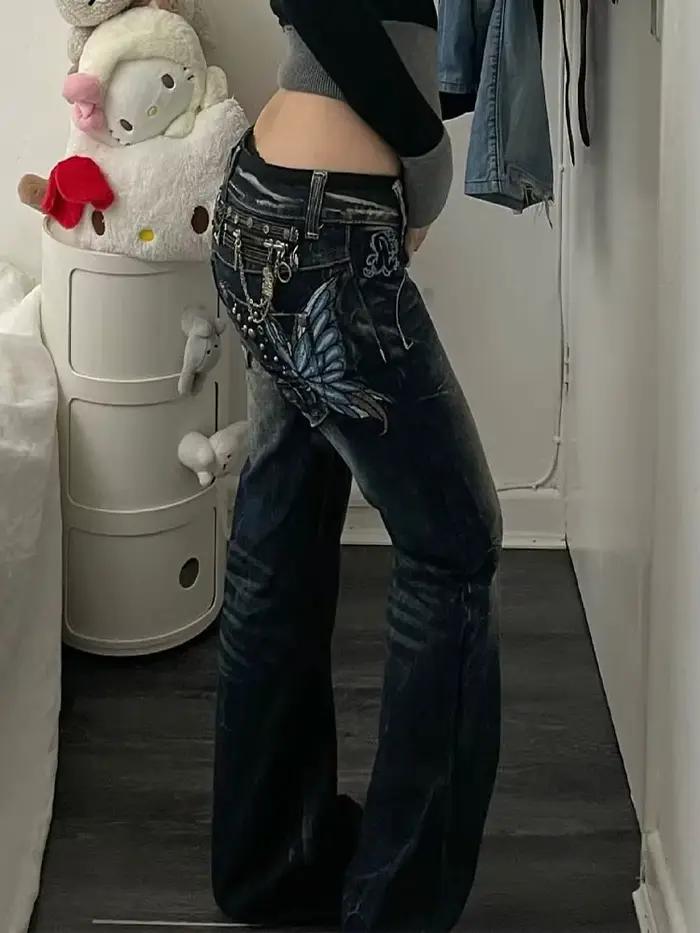 Jeans brodés pour femmes Y2K Millennium Harajuku