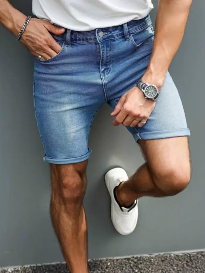 Shorts en denim stretch délavé coupe slim droite pour homme, 5 pouces