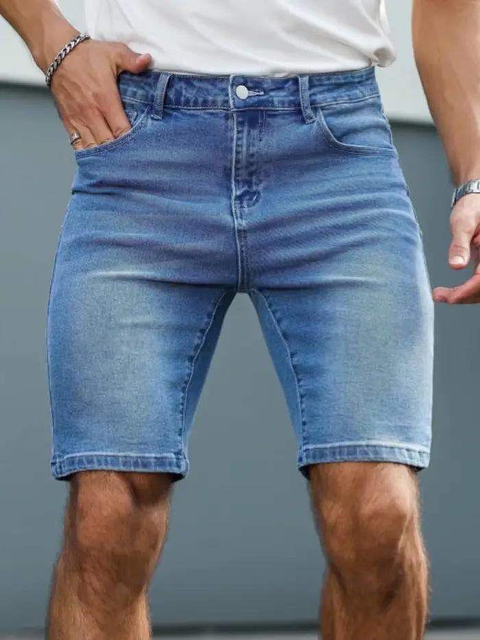 Shorts en denim stretch délavé coupe slim droite pour homme, 5 pouces
