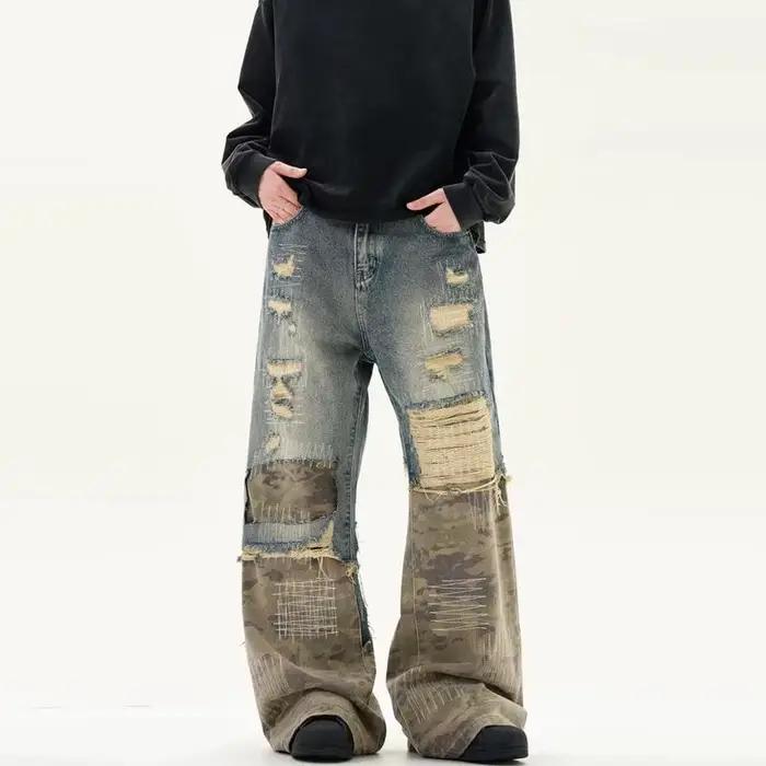 Jeans patchwork camouflage rétro américain pour hommes et femmes