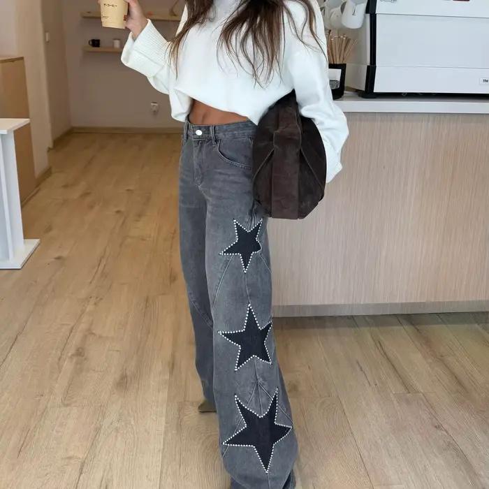 Nouveau Jean Droit Femme 2026 Tendance Décontracté Bleu Clair Orné d'une Étoile à Cinq Branches