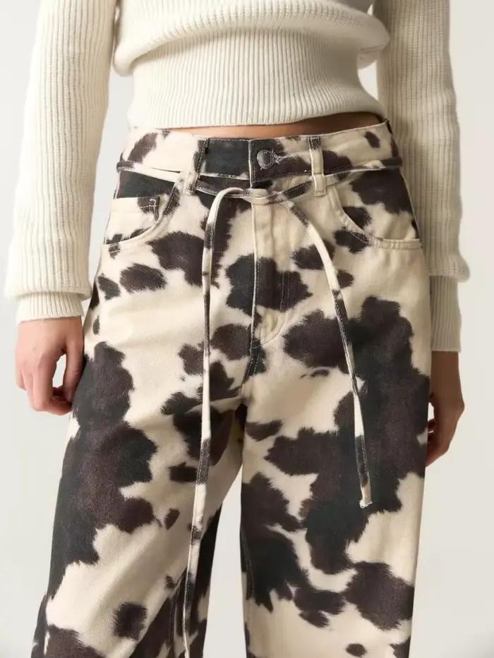 HOUZHOU Vintage vache imprimé jean femmes Y2k Baggy Hip Hop lavé Denim pantalon Grunge rétro Streetwear jambe large