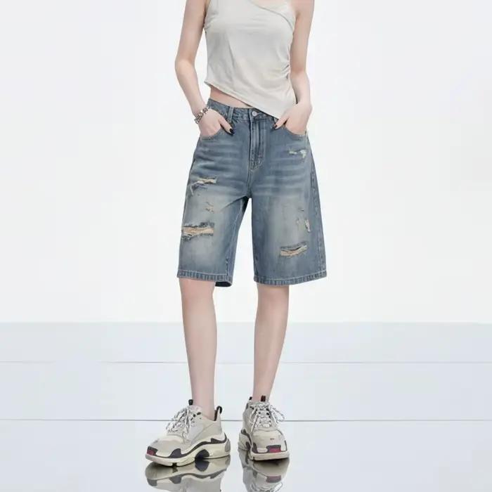 Shorts en jean vintage américain pour femme, coupe ample et large, longueur genou, taille haute, style Bermuda, Jorts baggy, streetwear Y2K pour l'été