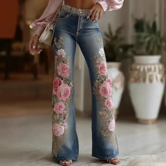 Pantalon évasé imitation denim brodé fleurs pour femmes style rétro basiques occasions formelles automne hiver