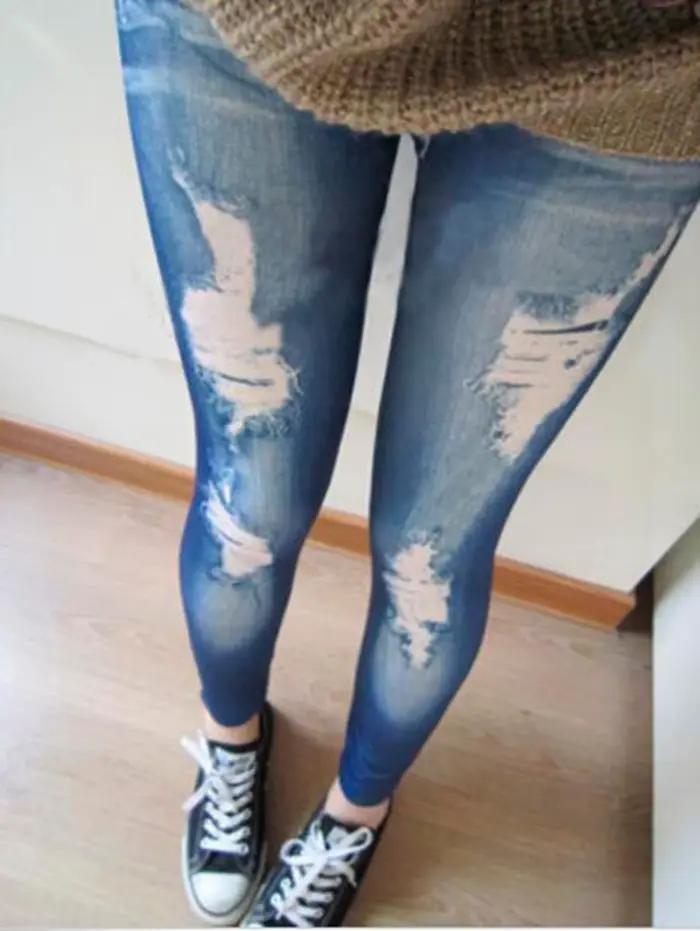 Femmes déchiré Denim Jean Look Leggings maigres Slim jegging pantalon polyester été casual bureau professionnel occaions diverses