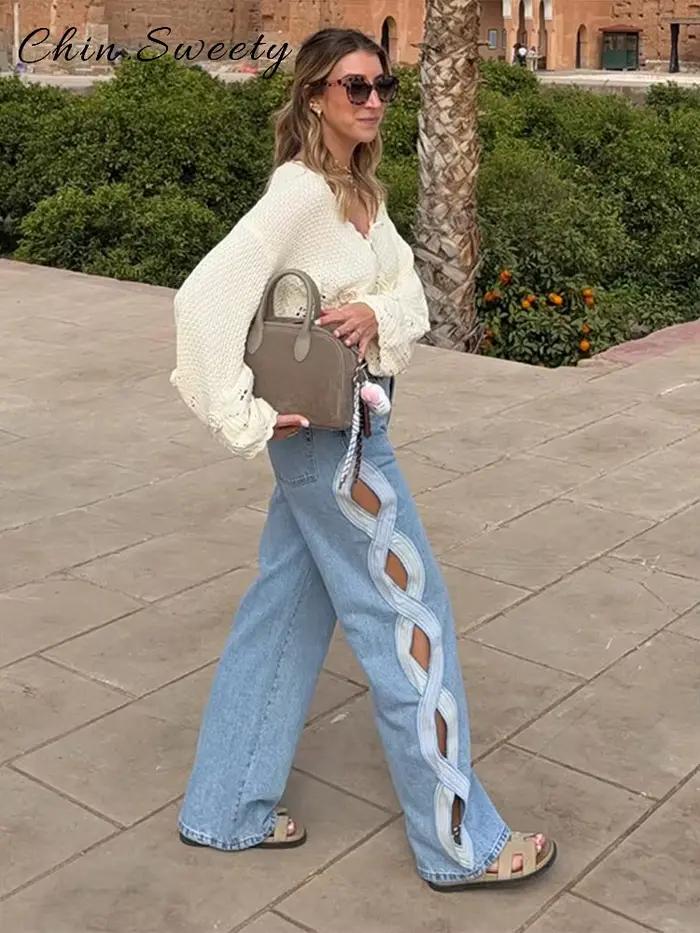 Jean long ample pour femme avec découpes latérales et torsades