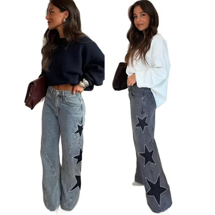 Nouveau Jean Droit Femme 2026 Tendance Décontracté Bleu Clair Orné d'une Étoile à Cinq Branches