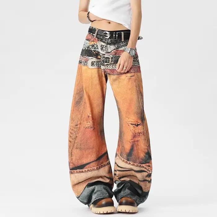 LUZHEN Original motif personnalisé imprimé jean ample décontracté hommes 2025 nouveau Streetwear jambe large pantalon en Denim droit JY3071