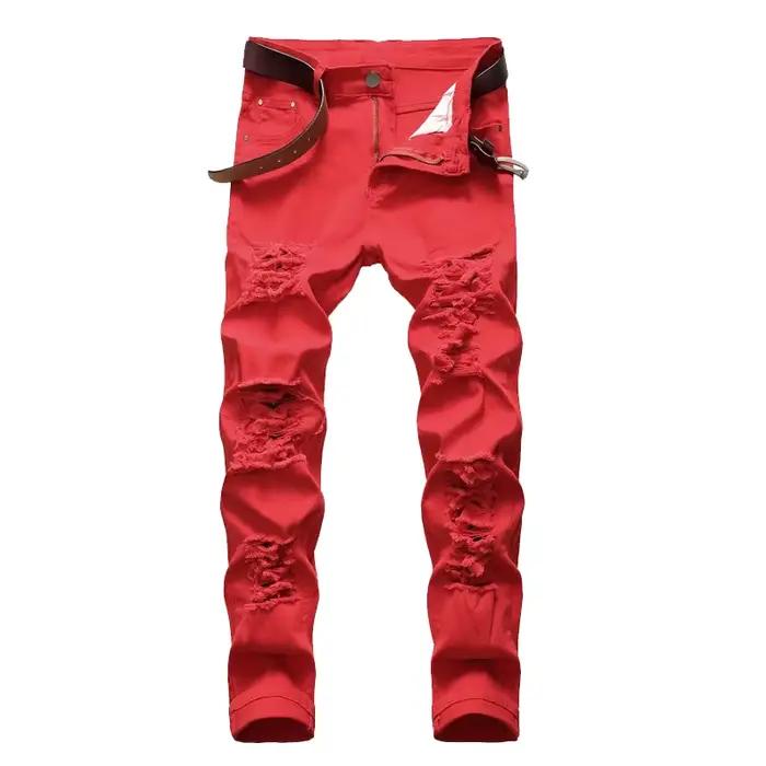 Jean déchiré rouge hip-hop pour hommes, coupe slim, trous stratégiques, décontracté, extensible, coton et spandex, printemps et automne, occasion quotidienne