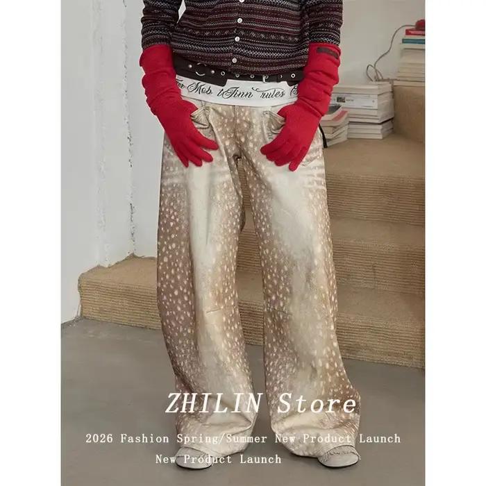 Pantalon en jean imprimé motif cerf, style américain, pour femme, sexy, rétro, avec coutures colorées, longueur au sol, coupe couteau