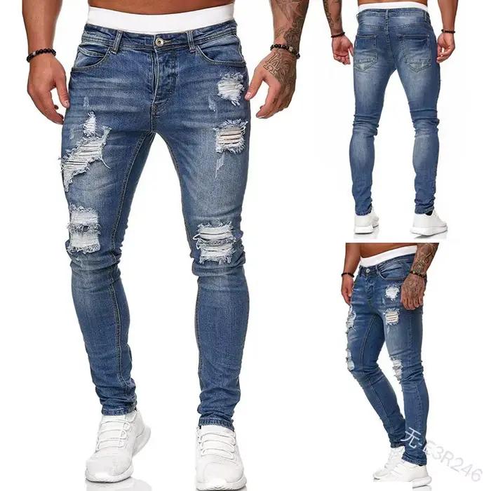 2023 Blanc Broderie Skinny Déchiré Jeans Hommes Coton Extensible Slim Fit Hip Hop Denim Pantalon