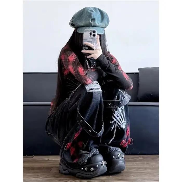 Jean large vintage délavé style punk pour femme