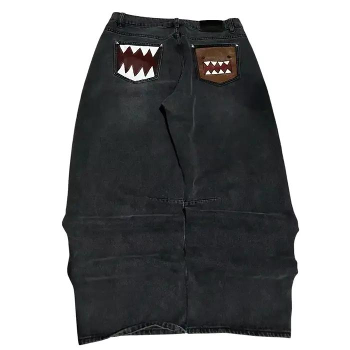 Jean baggy noir délavé pour homme avec broderie dent de monstre