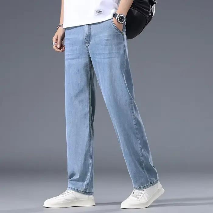 Lyocell affaires jean hommes printemps mince décontracté droit mode ample marque pantalon confortable mâle Denim